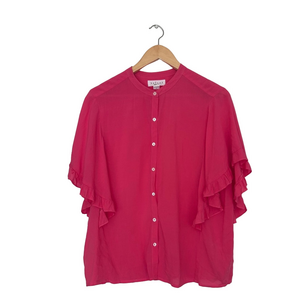 Velvet Pink Flutter Sleeve Blouse with Mandarin Collar